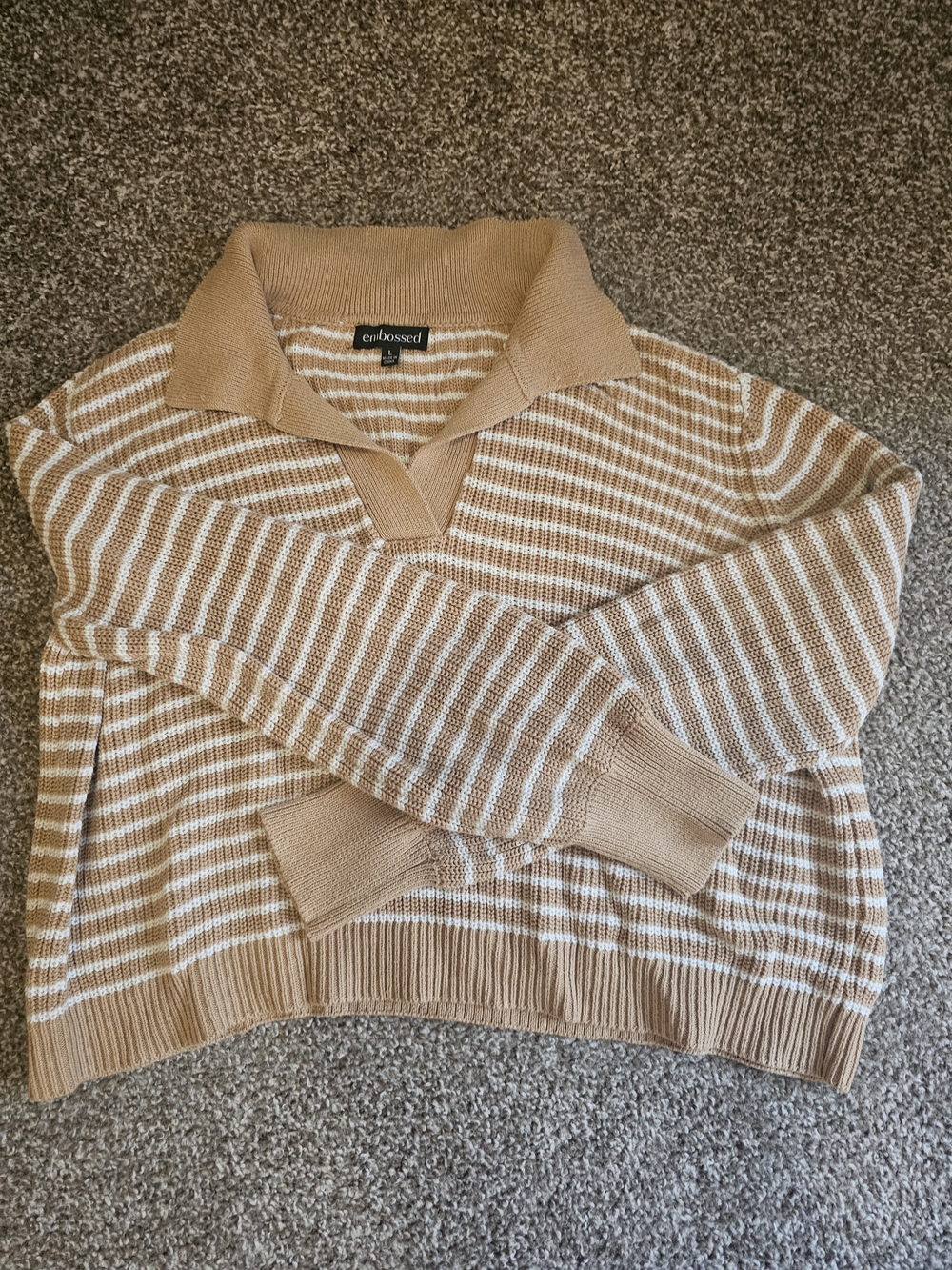 Embossed Tan White Striped Polo Sweater Size L Preppy Knit - Picture 2 of 4